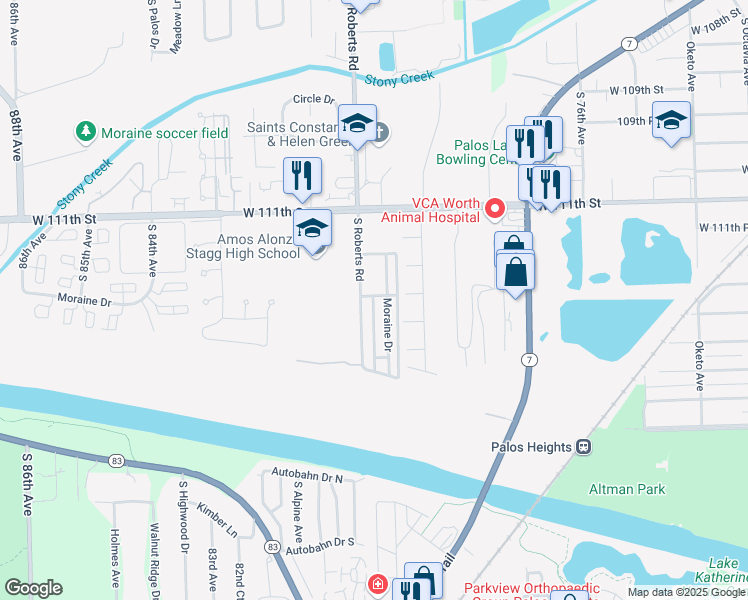map of restaurants, bars, coffee shops, grocery stores, and more near 7959 112th Place in Palos Hills