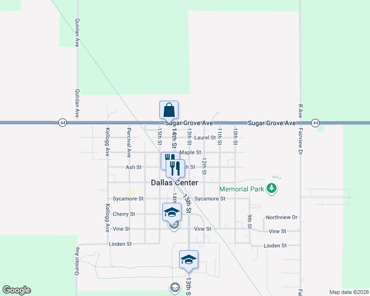map of restaurants, bars, coffee shops, grocery stores, and more near 1301 Maple Street in Dallas Center