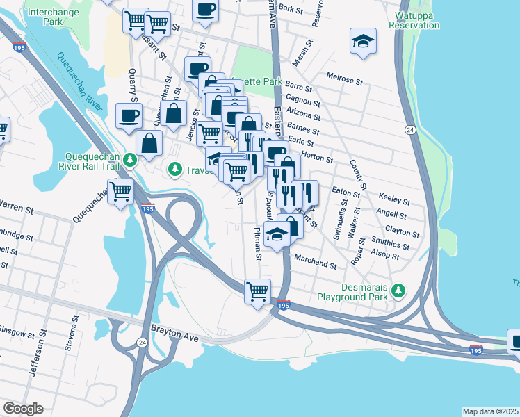 map of restaurants, bars, coffee shops, grocery stores, and more near 83 Raymond Street in Fall River