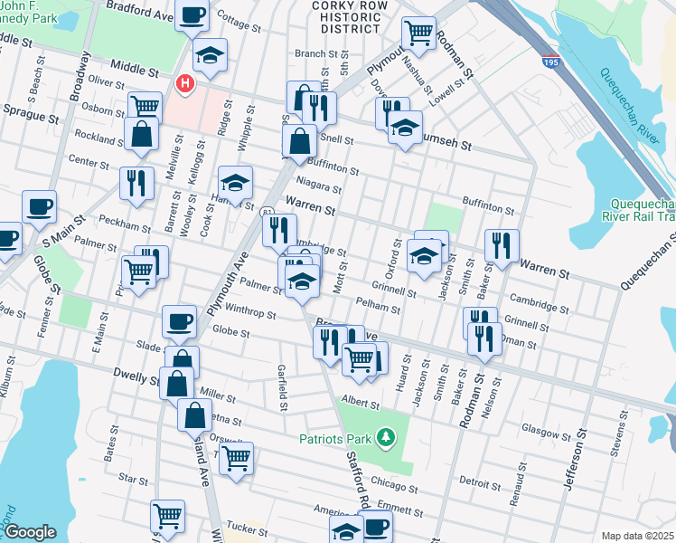 map of restaurants, bars, coffee shops, grocery stores, and more near 121 Grinnell Street in Fall River