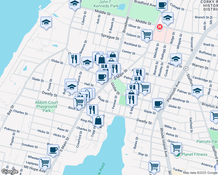 map of restaurants, bars, coffee shops, grocery stores, and more near 1480 South Main Street in Fall River