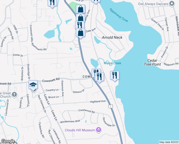 map of restaurants, bars, coffee shops, grocery stores, and more near 3800 Post Road in Warwick