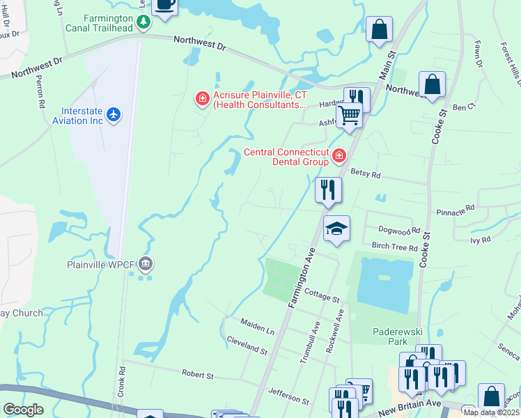 map of restaurants, bars, coffee shops, grocery stores, and more near 94 Northampton Lane in Plainville