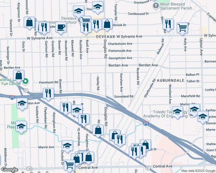 map of restaurants, bars, coffee shops, grocery stores, and more near 3635 Douglas Road in Toledo