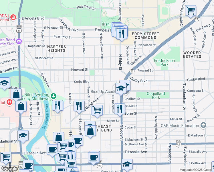 map of restaurants, bars, coffee shops, grocery stores, and more near in South Bend