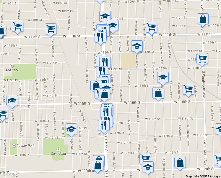 map of restaurants, bars, coffee shops, grocery stores, and more near 11419 South Halsted Street in Chicago