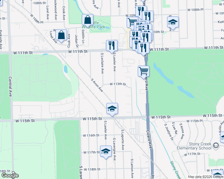 map of restaurants, bars, coffee shops, grocery stores, and more near 11321 South Lawler Avenue in Alsip