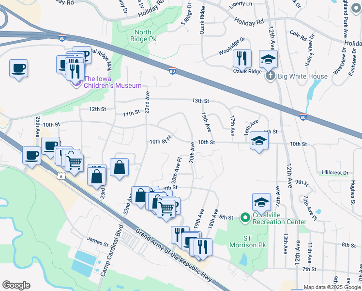 map of restaurants, bars, coffee shops, grocery stores, and more near 918 20th Avenue in Coralville