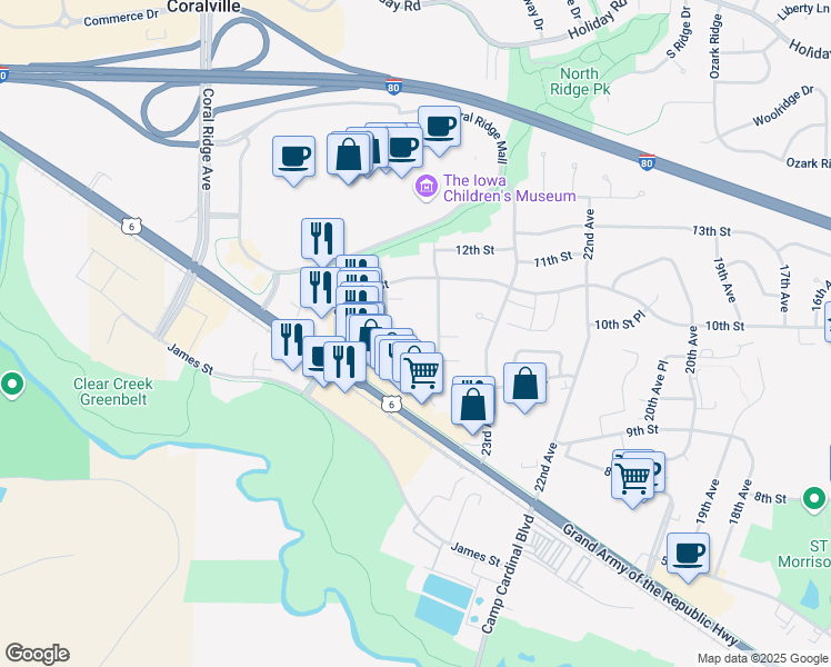 map of restaurants, bars, coffee shops, grocery stores, and more near 920B Boston Way in Coralville