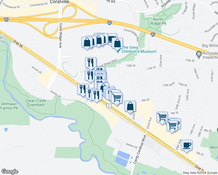 map of restaurants, bars, coffee shops, grocery stores, and more near 956 Boston Way in Coralville