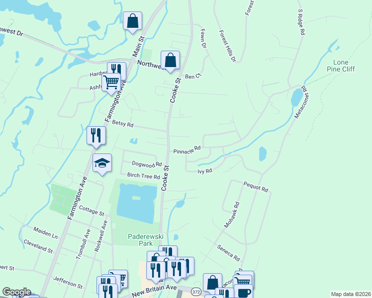 map of restaurants, bars, coffee shops, grocery stores, and more near 31 Pinnacle Road in Plainville