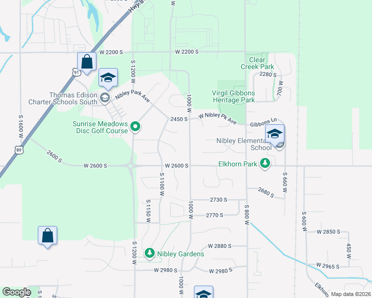 map of restaurants, bars, coffee shops, grocery stores, and more near 1045 2500 South in Nibley