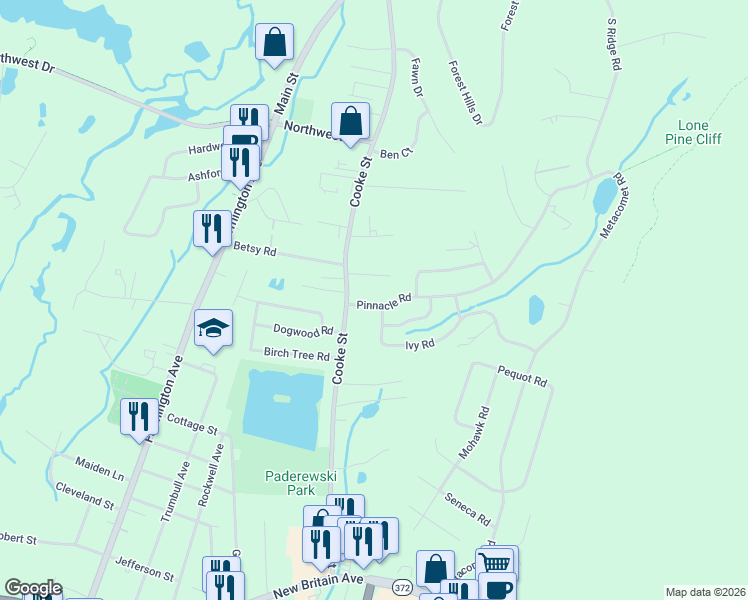 map of restaurants, bars, coffee shops, grocery stores, and more near 31 Pinnacle Road in Plainville