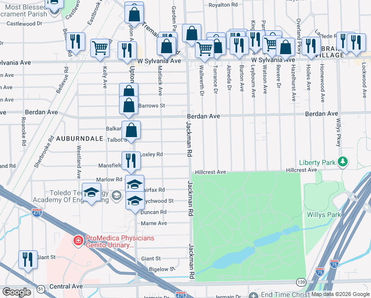 map of restaurants, bars, coffee shops, grocery stores, and more near 3636 Jackman Road in Toledo