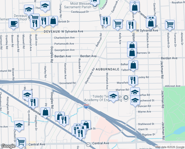 map of restaurants, bars, coffee shops, grocery stores, and more near 3702 Sherbrooke Road in Toledo