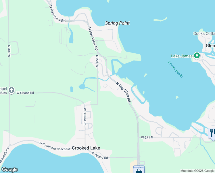 map of restaurants, bars, coffee shops, grocery stores, and more near 200 Ln 325 Lake James in Angola