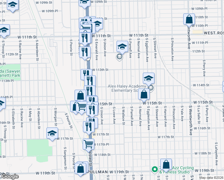 map of restaurants, bars, coffee shops, grocery stores, and more near 11414 South Lowe Avenue in Chicago