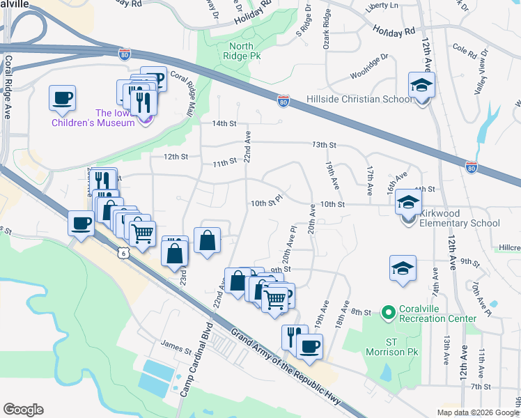 map of restaurants, bars, coffee shops, grocery stores, and more near 2126 10th Street Place in Coralville