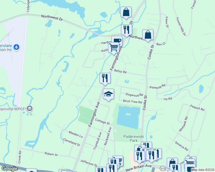 map of restaurants, bars, coffee shops, grocery stores, and more near 290 Farmington Avenue in Plainville
