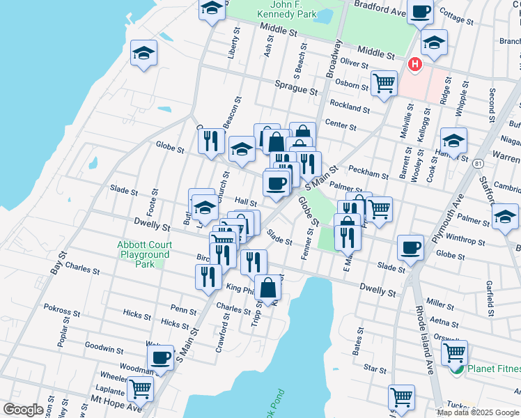 map of restaurants, bars, coffee shops, grocery stores, and more near 139 Hall Street in Fall River