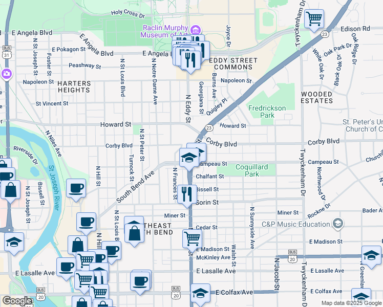 map of restaurants, bars, coffee shops, grocery stores, and more near 1018 South Bend Avenue in South Bend
