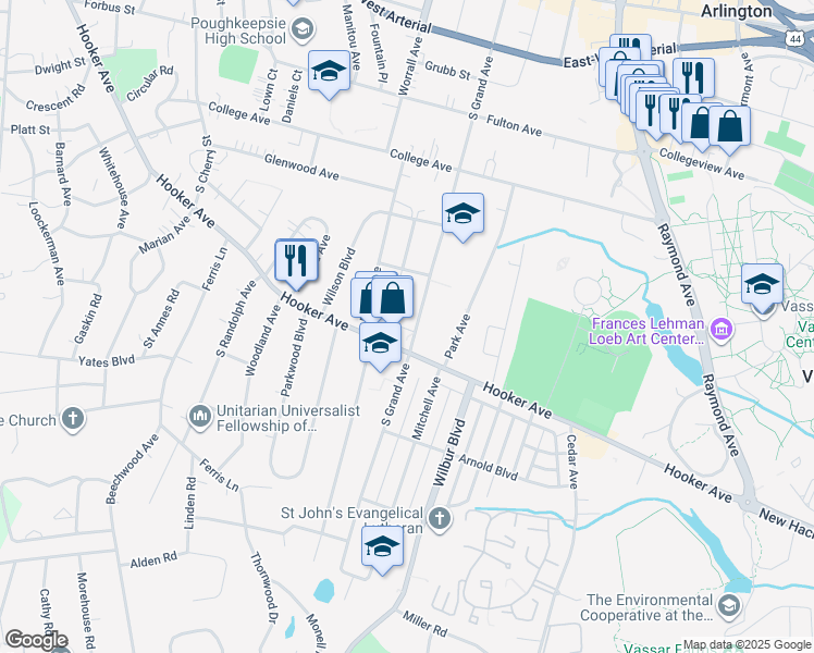 map of restaurants, bars, coffee shops, grocery stores, and more near 149 South Grand Avenue in Poughkeepsie