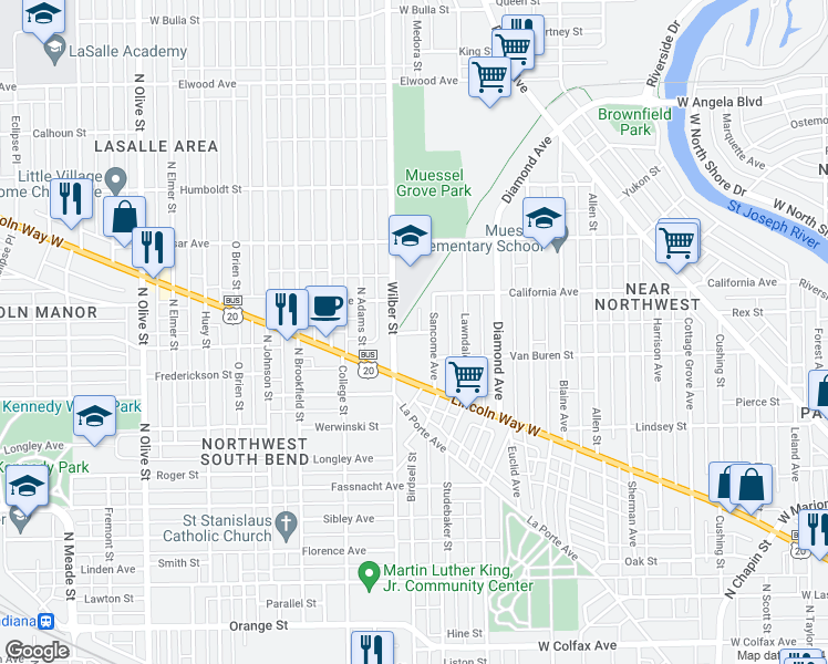 map of restaurants, bars, coffee shops, grocery stores, and more near 1517 Van Buren Street in South Bend