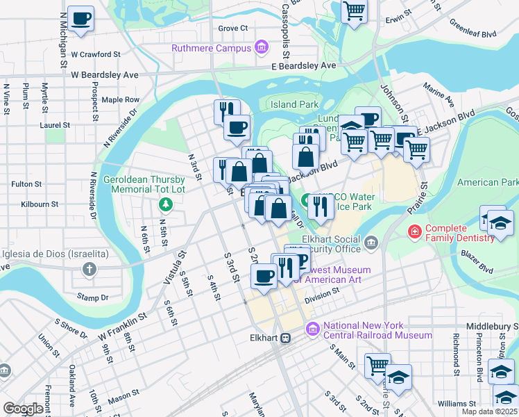 map of restaurants, bars, coffee shops, grocery stores, and more near 120 West Lexington Avenue in Elkhart