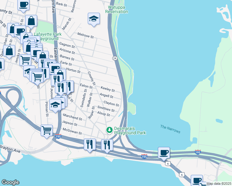 map of restaurants, bars, coffee shops, grocery stores, and more near 163 Keeley St in Fall River