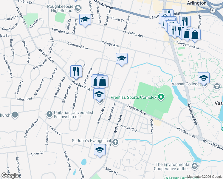 map of restaurants, bars, coffee shops, grocery stores, and more near 274 Hooker Avenue in Poughkeepsie