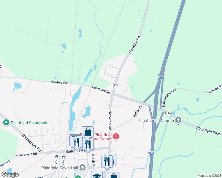 map of restaurants, bars, coffee shops, grocery stores, and more near 495 Norwich Road in Plainfield