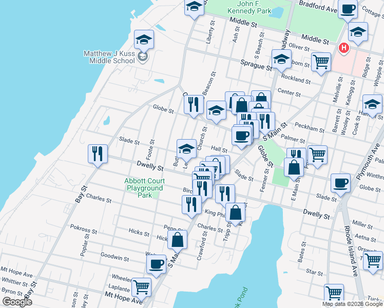 map of restaurants, bars, coffee shops, grocery stores, and more near 151 Church Street in Fall River