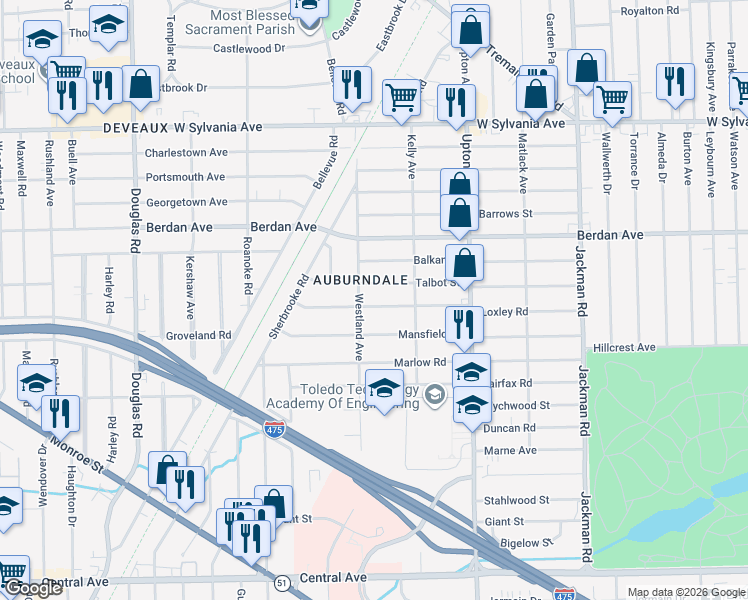 map of restaurants, bars, coffee shops, grocery stores, and more near 2046 Loxley Rd in Toledo