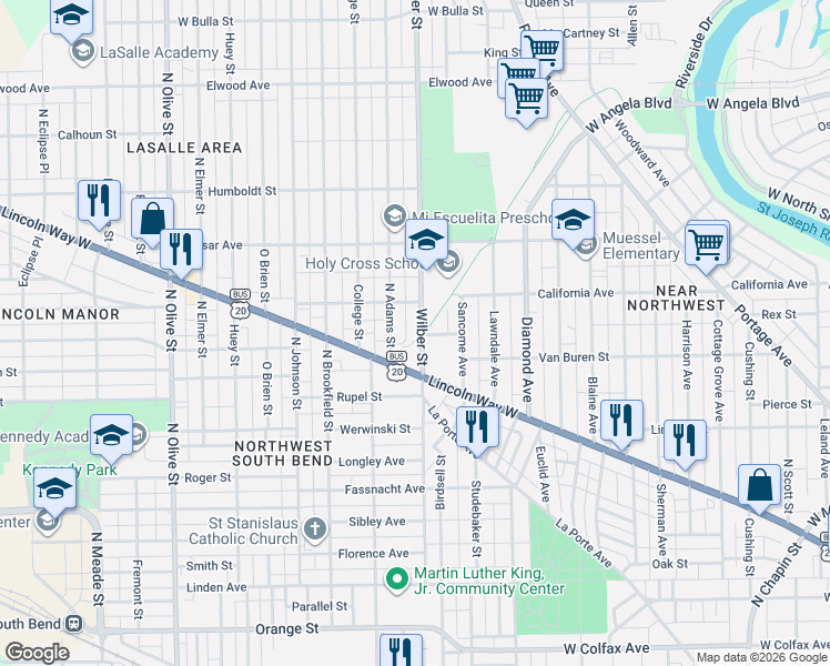 map of restaurants, bars, coffee shops, grocery stores, and more near 829 Wilber Street in South Bend