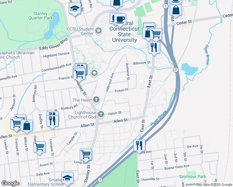 map of restaurants, bars, coffee shops, grocery stores, and more near 35 Foxon Place in New Britain