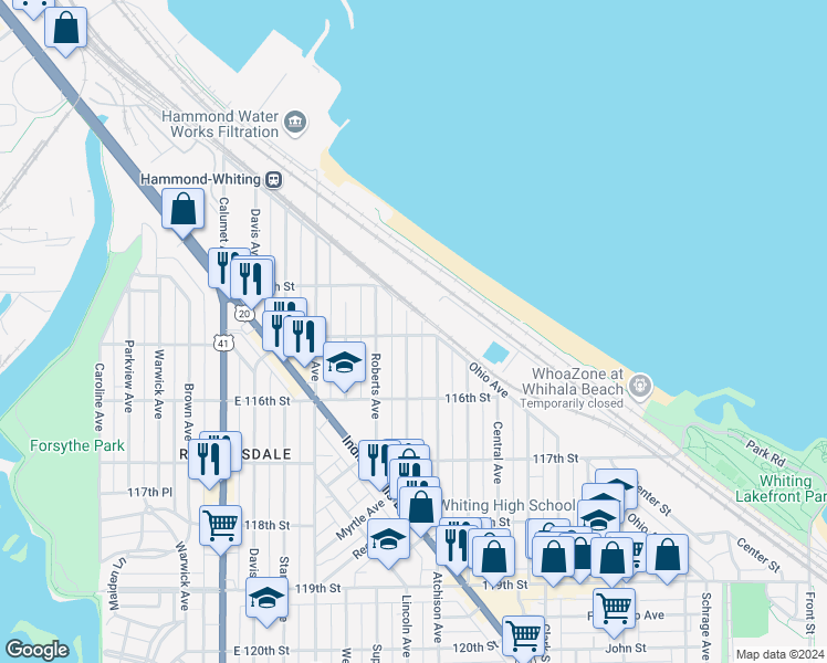 map of restaurants, bars, coffee shops, grocery stores, and more near 1439 Myrtle Avenue in Whiting