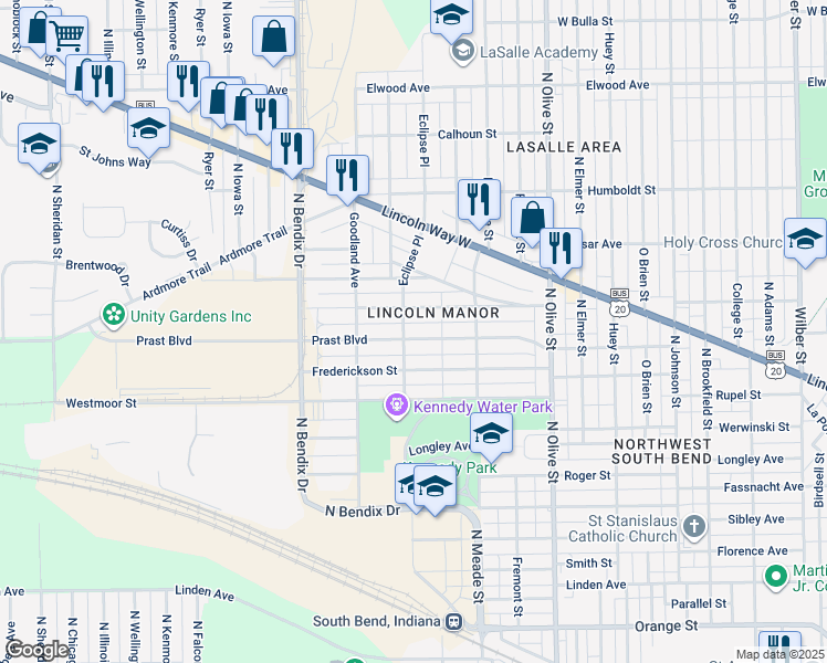 map of restaurants, bars, coffee shops, grocery stores, and more near 2729 Prast Boulevard in South Bend