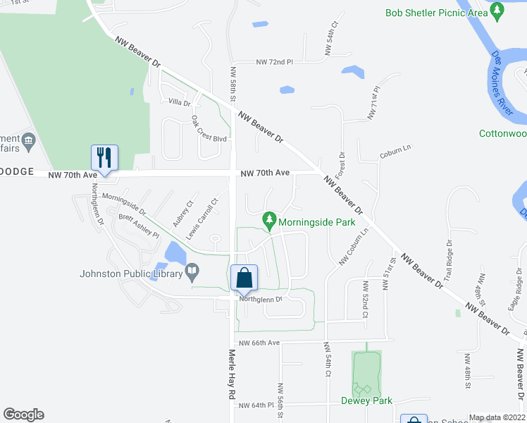 map of restaurants, bars, coffee shops, grocery stores, and more near in Johnston