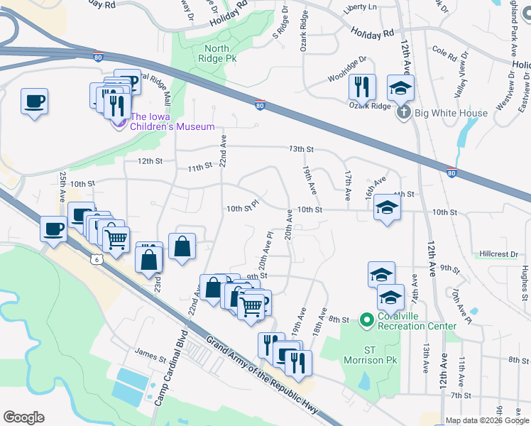 map of restaurants, bars, coffee shops, grocery stores, and more near 1704 21st Avenue Place in Coralville