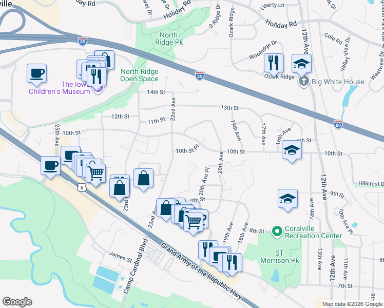 map of restaurants, bars, coffee shops, grocery stores, and more near 2114 10th Street Place in Coralville