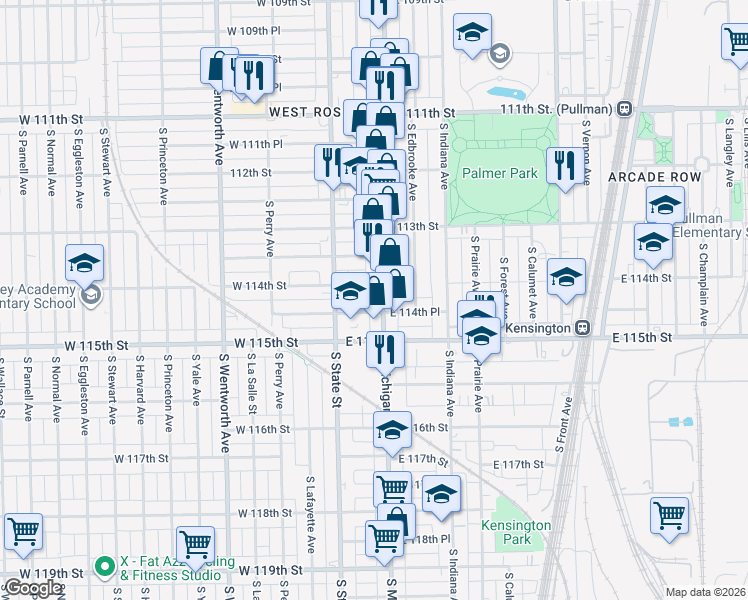 map of restaurants, bars, coffee shops, grocery stores, and more near 11416 South Michigan Avenue in Chicago