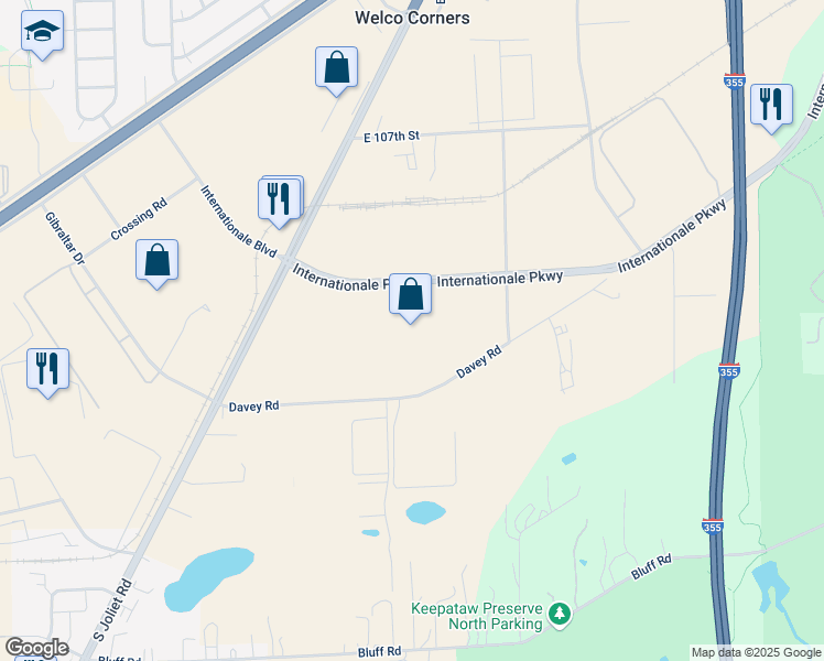 map of restaurants, bars, coffee shops, grocery stores, and more near 2501 Internationale Parkway in Woodridge