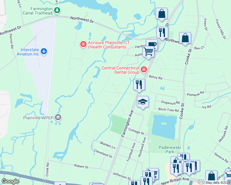 map of restaurants, bars, coffee shops, grocery stores, and more near Northampton Ln in Plainville