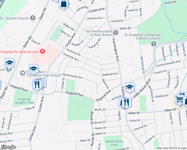 map of restaurants, bars, coffee shops, grocery stores, and more near 120 Oakland Ave in New Britain