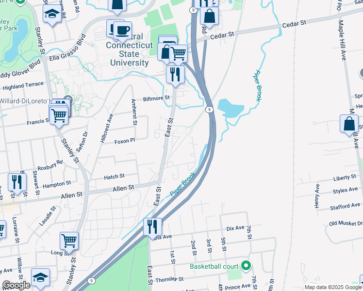 map of restaurants, bars, coffee shops, grocery stores, and more near 60 Saint Clair Avenue in New Britain