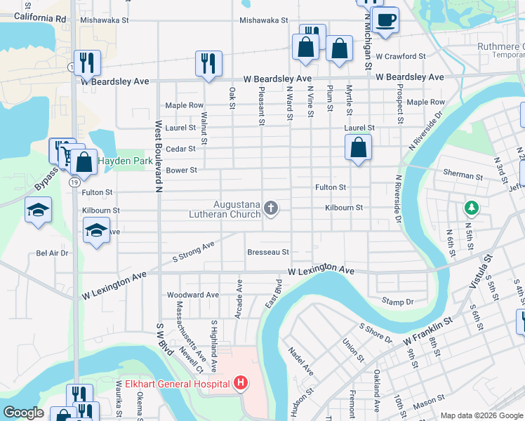 map of restaurants, bars, coffee shops, grocery stores, and more near 199 Pleasant St in Elkhart