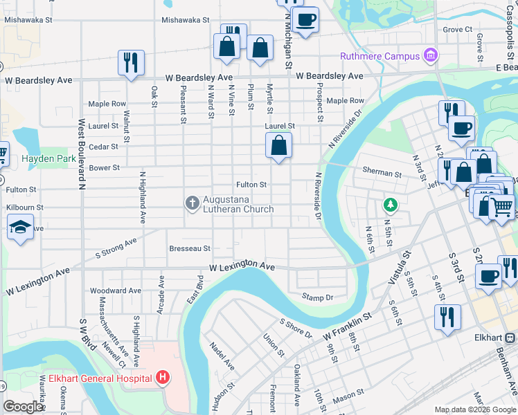 map of restaurants, bars, coffee shops, grocery stores, and more near 815 Kilbourn Street in Elkhart