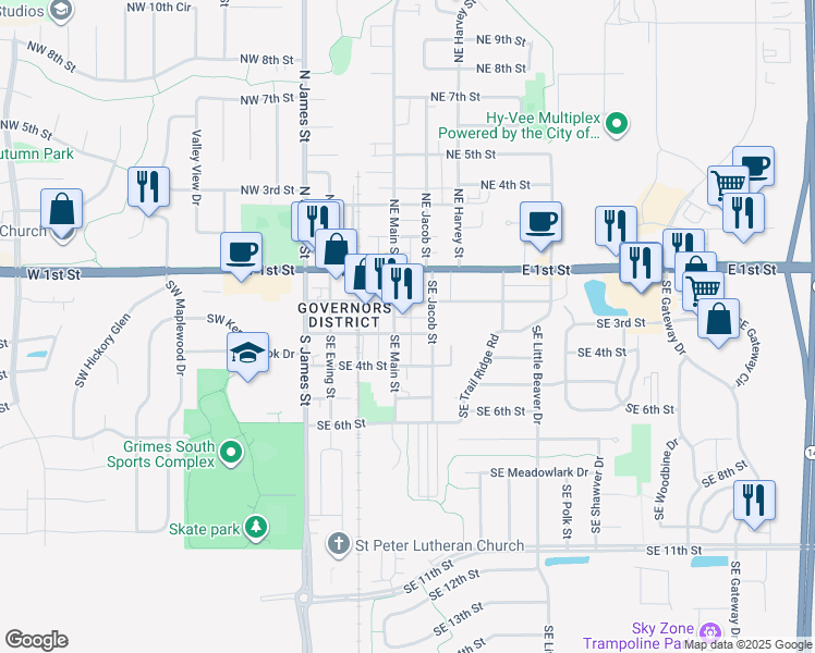 map of restaurants, bars, coffee shops, grocery stores, and more near 405 Southeast 3rd Street in Grimes