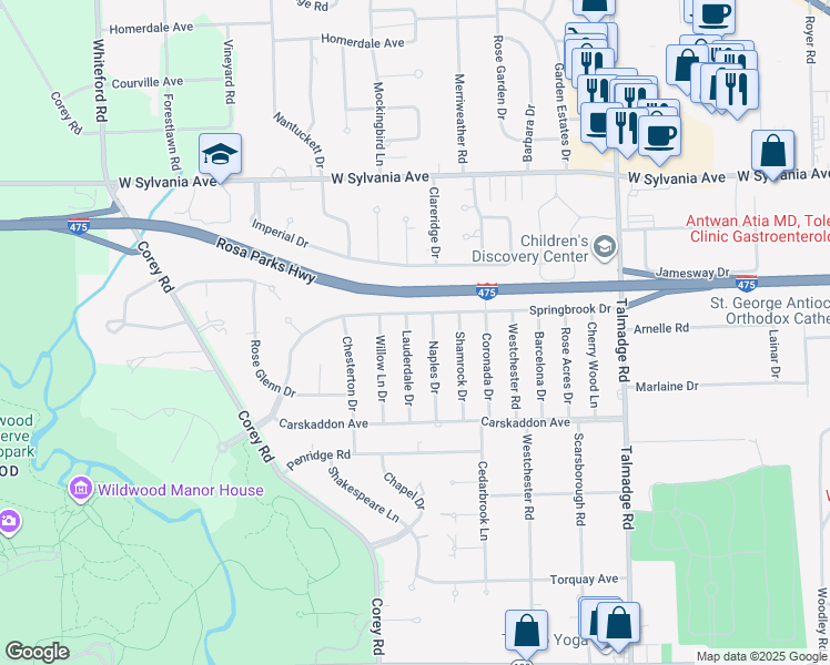 map of restaurants, bars, coffee shops, grocery stores, and more near 3723 Naples Drive in Toledo
