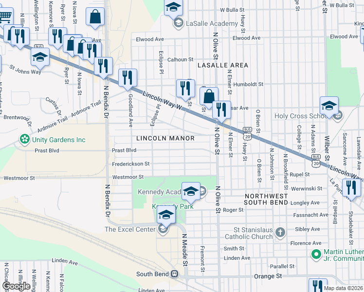 map of restaurants, bars, coffee shops, grocery stores, and more near 2521 Prast Boulevard in South Bend